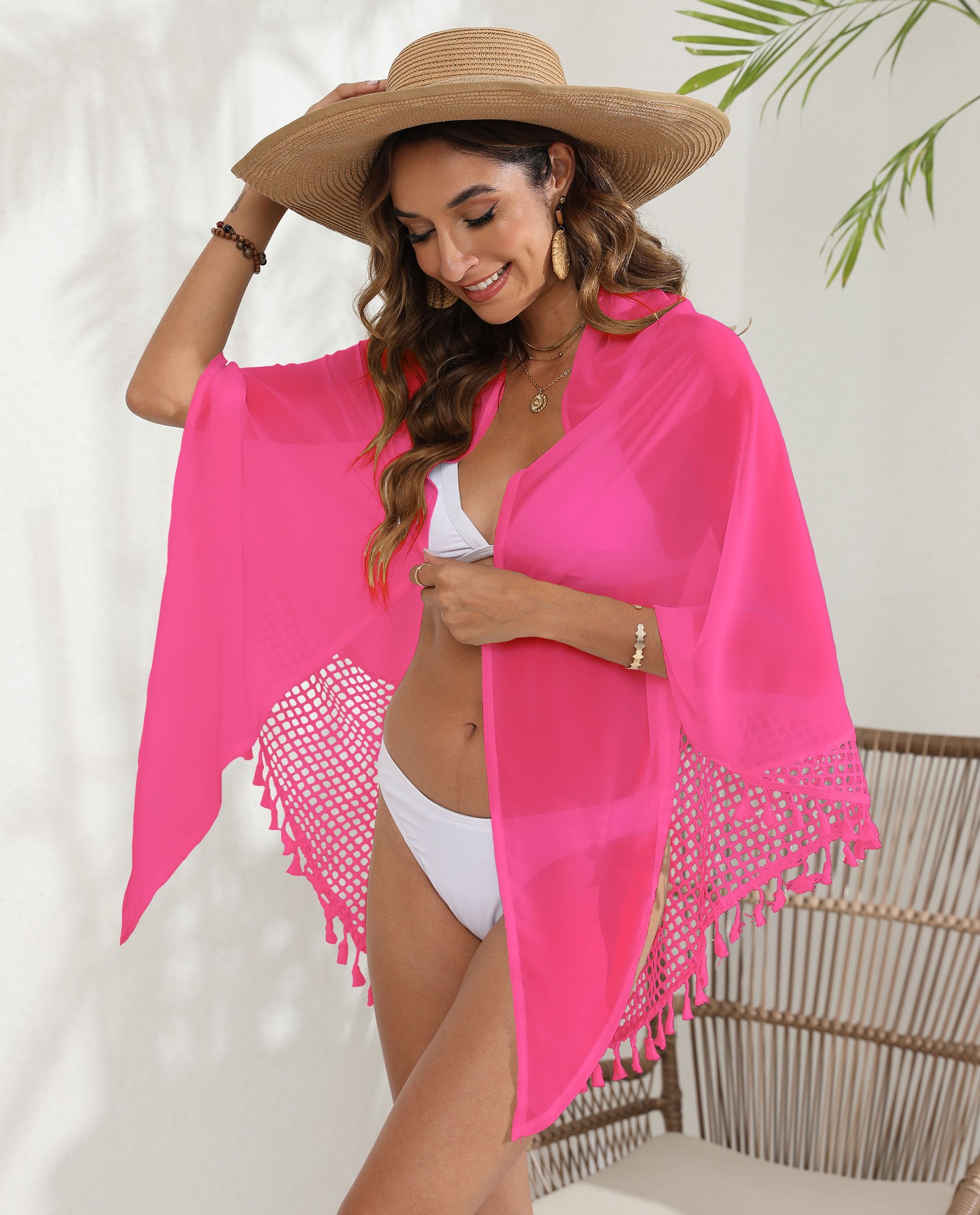 Beach Cover Up Kimono with Tassel Trim and Crochet Mesh Design
